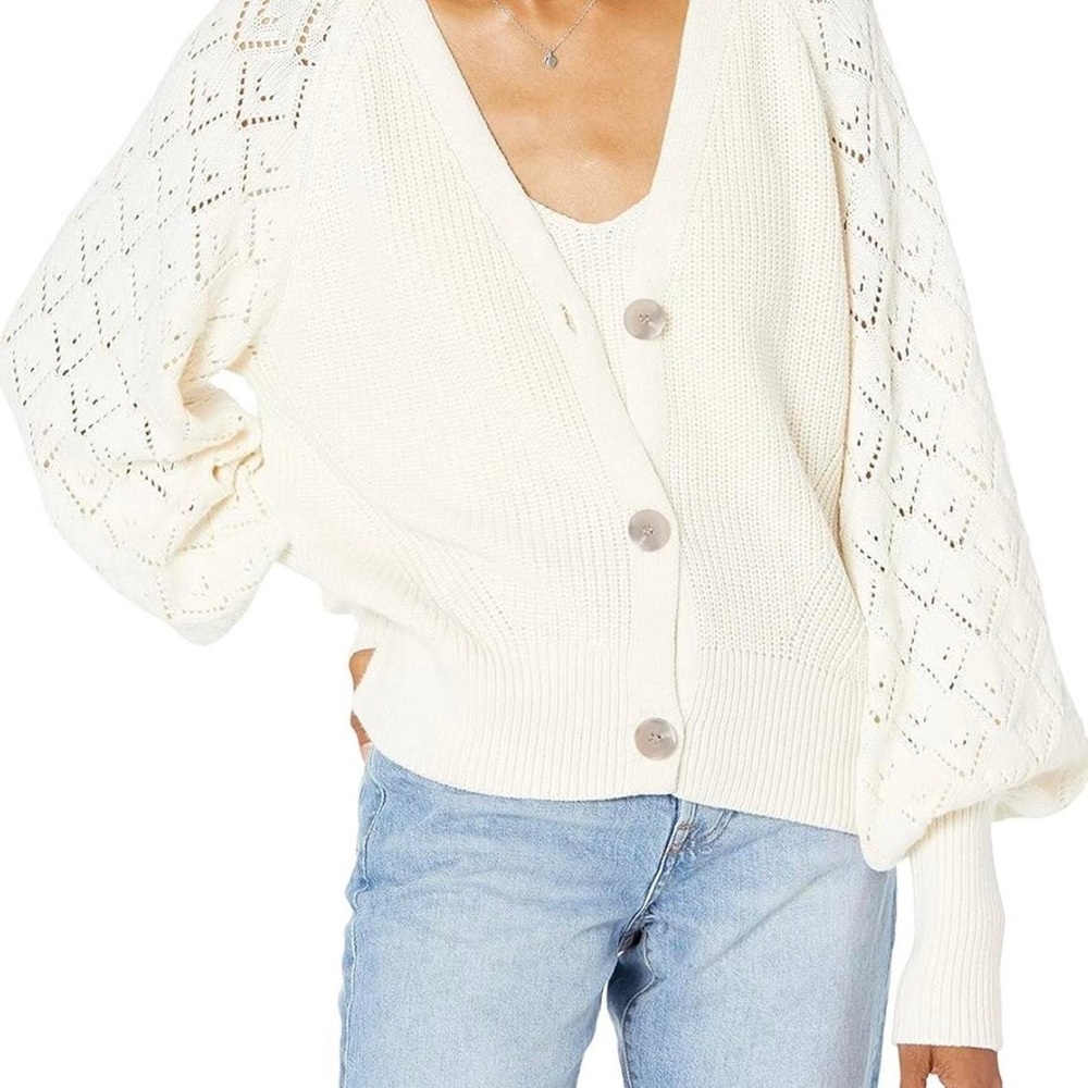 The Drop Cream Oversized Cable Knit Pointelle Balloon Sleeve Cardigan Sweater M